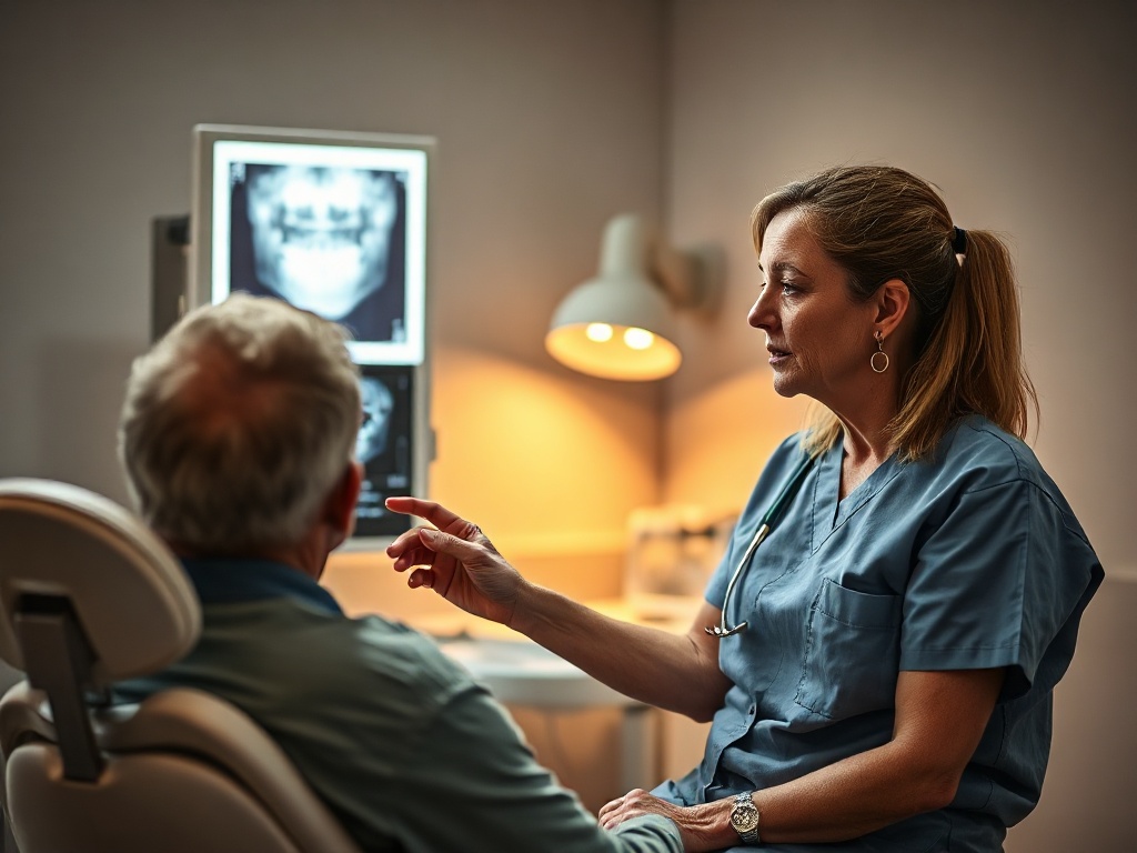 Candid photo of a middle-aged Polish female dentist in scrubs explaining something to a seated adult patient using a dental X-ray on a lightbox